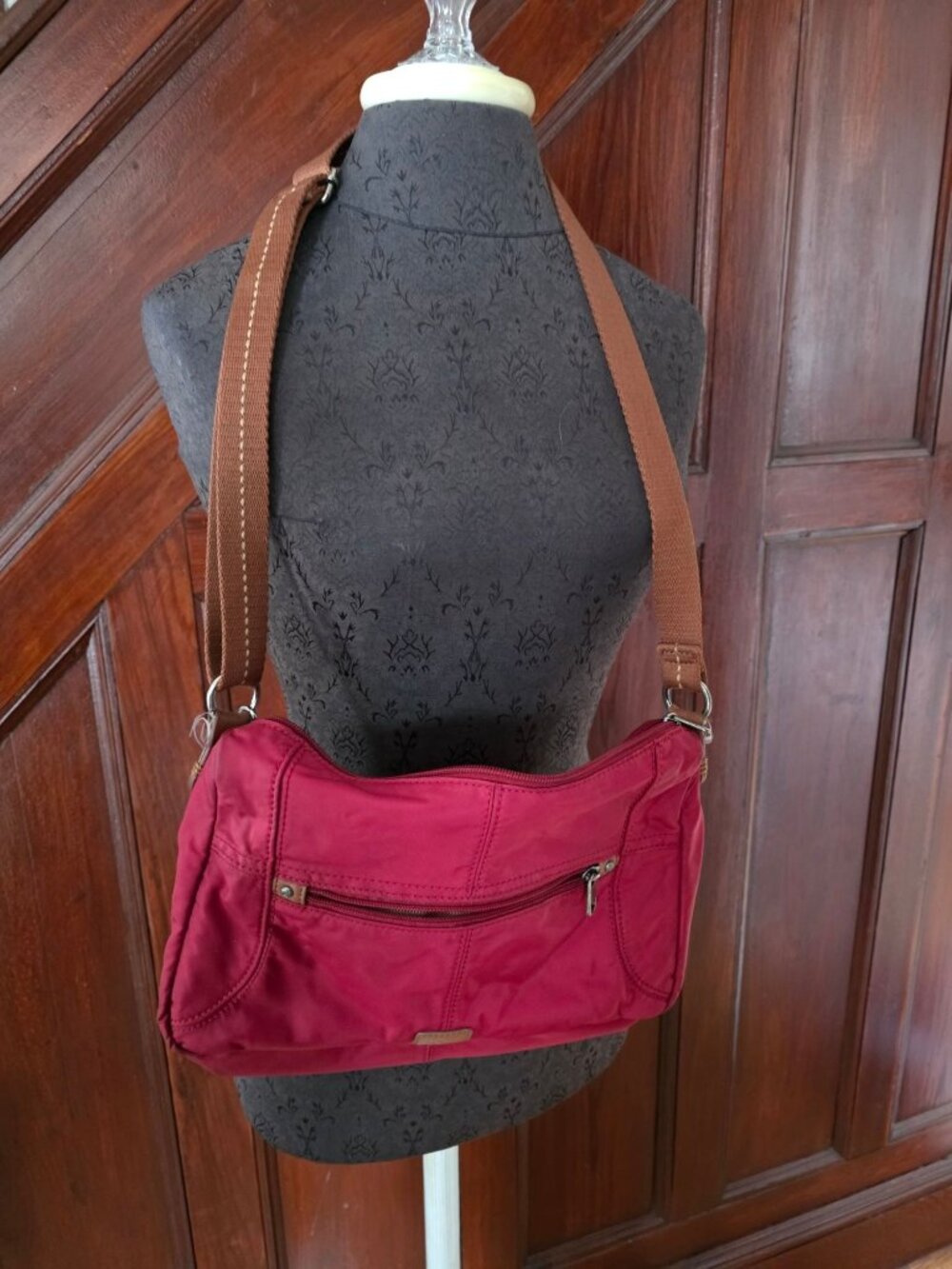 The Sak Esperato Crossbody Bag Red Nylon Adjustable Strap With Tassel Keychain